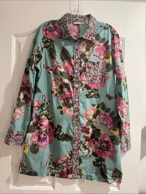 Soft Surroundings Floral Midi Shirt Dress in Aqua with Pink and Green Bloom